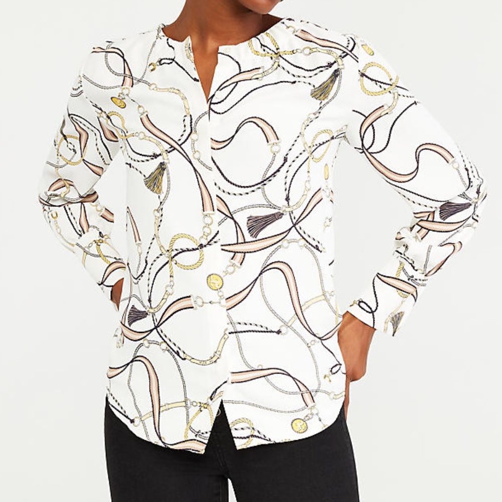 Ann Taylor tassel print shirred neck blouse Sz XS Long sleeve button cuff